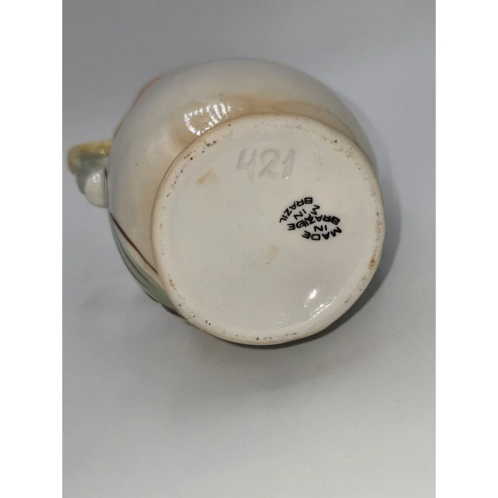 Vintage Brazil Art Pottery Double Handle Floral Vase Pink Rose Daisy Relief